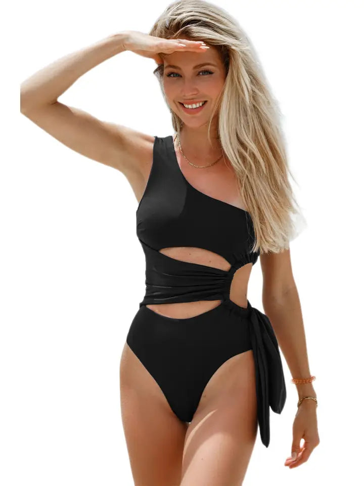 Black Sexy Solid One Shoulder Cutout One Piece Swimsuit