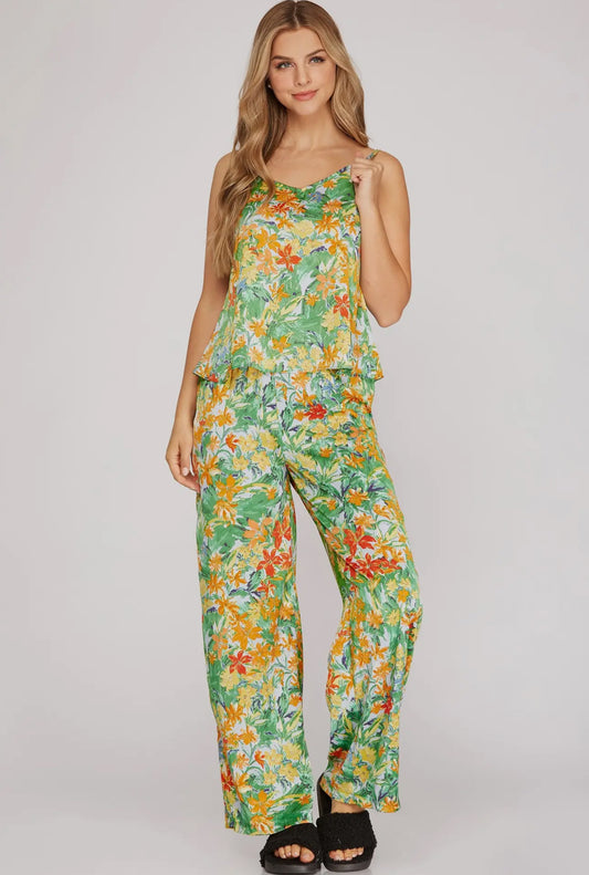 Satin Floral Print Cami & Pant Pajama Set