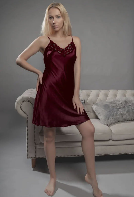 Red Silky Nightgown with Lace Trim