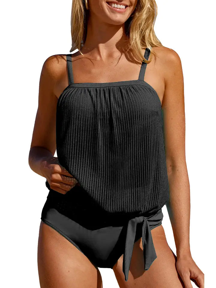 Black Striped Mesh Knotted Hem Tankini Swimsuit