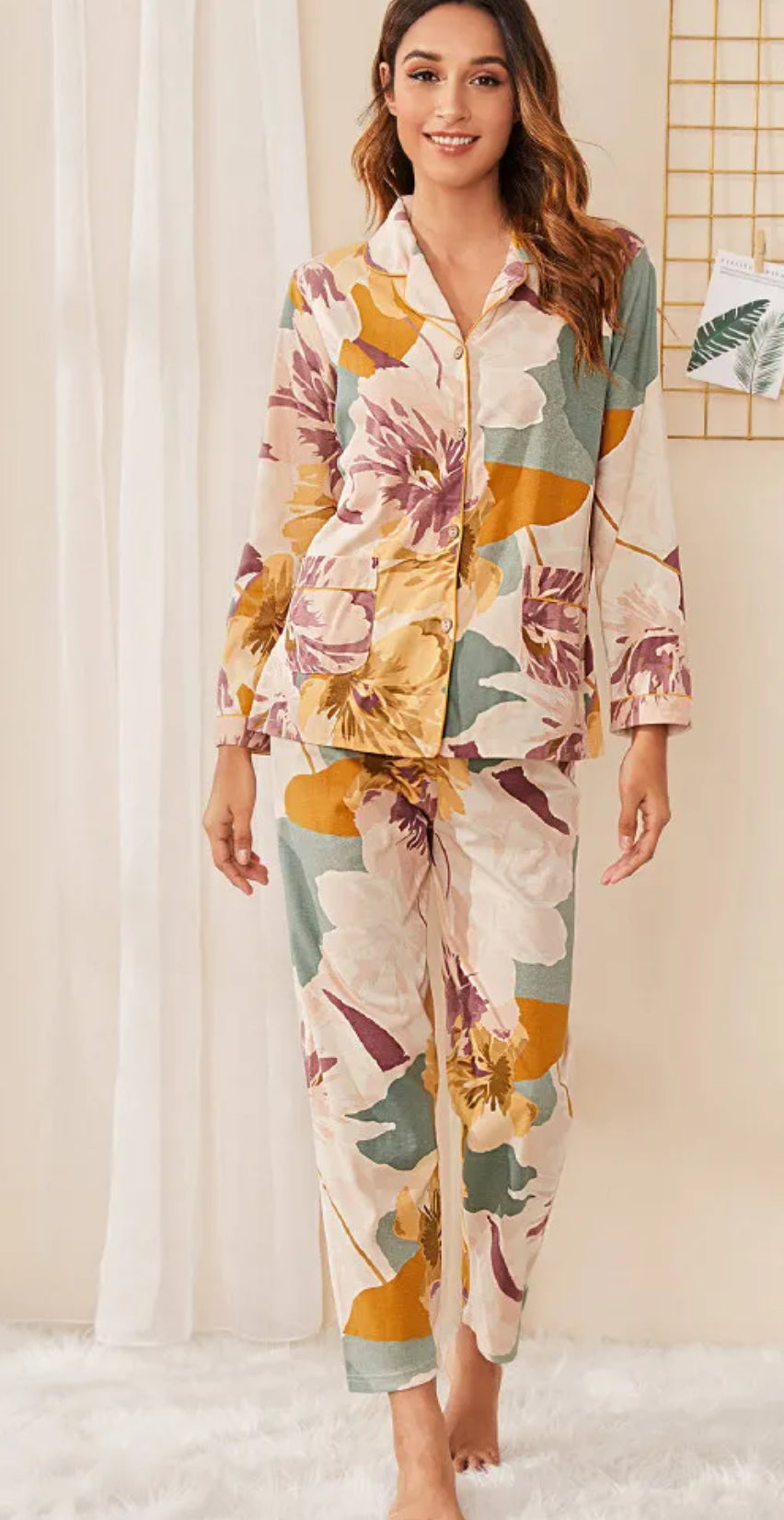 CLOSEOUT Viscose 2-Piece Neutral Floral Print Pajama Loungewear Set