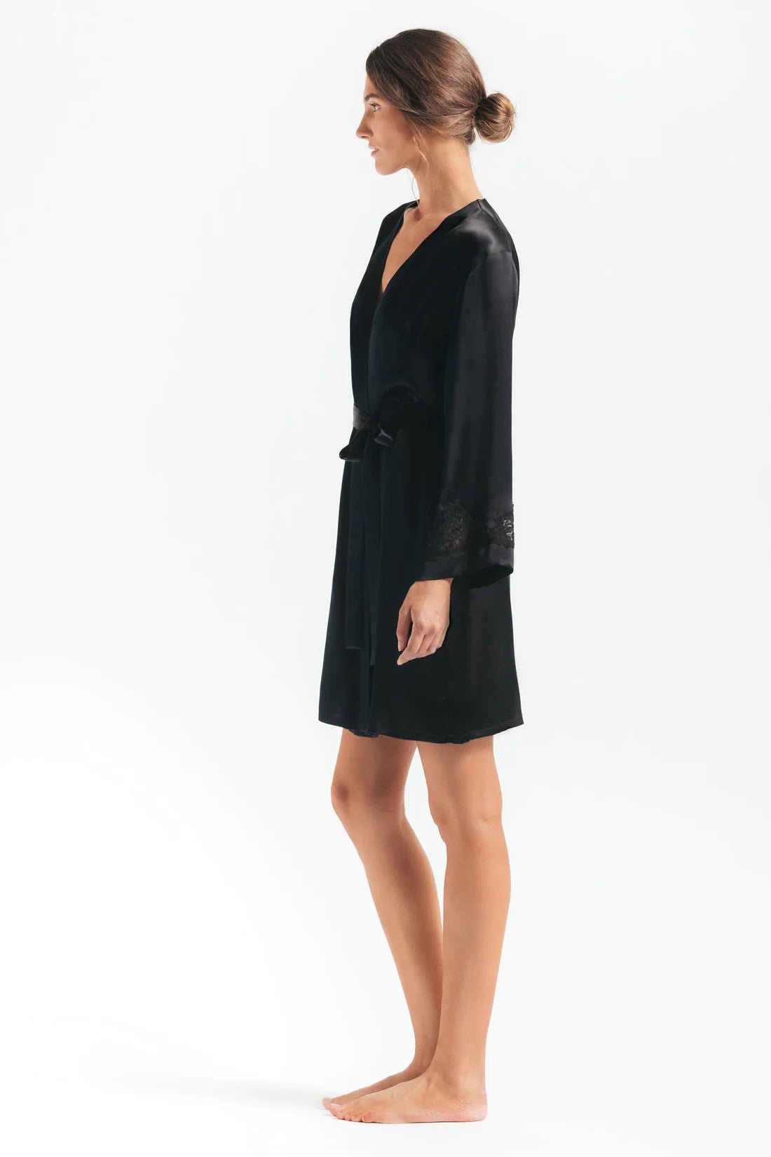 NK IMODE - Morgan Iconic Lace Silk Short Robe Black - Bambolina’s Boutique